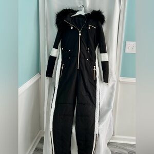 Women's Black Ski 1 Piece Snow Suit with Faux Fur Trim